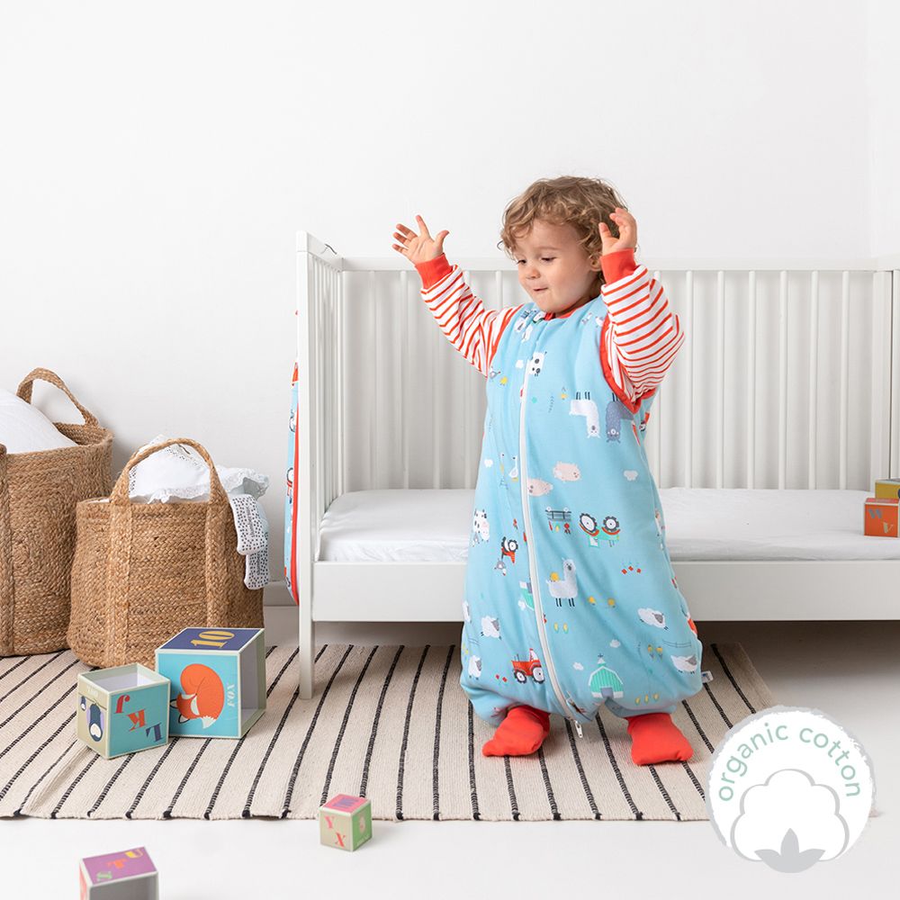 ORGANICKÁ BAVLNA - Červený CELOROČNÝ PROTISKLZOVÝ spací vak s odopínateľnými rukávmi a s voľnými nohami „DUPAČKY“, 130cm