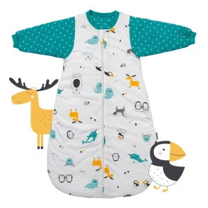 ORGANICKÁ BAVLNA - Modrý ZIMNÝ spací vak s rukávmi pre novorodencov, 56cm