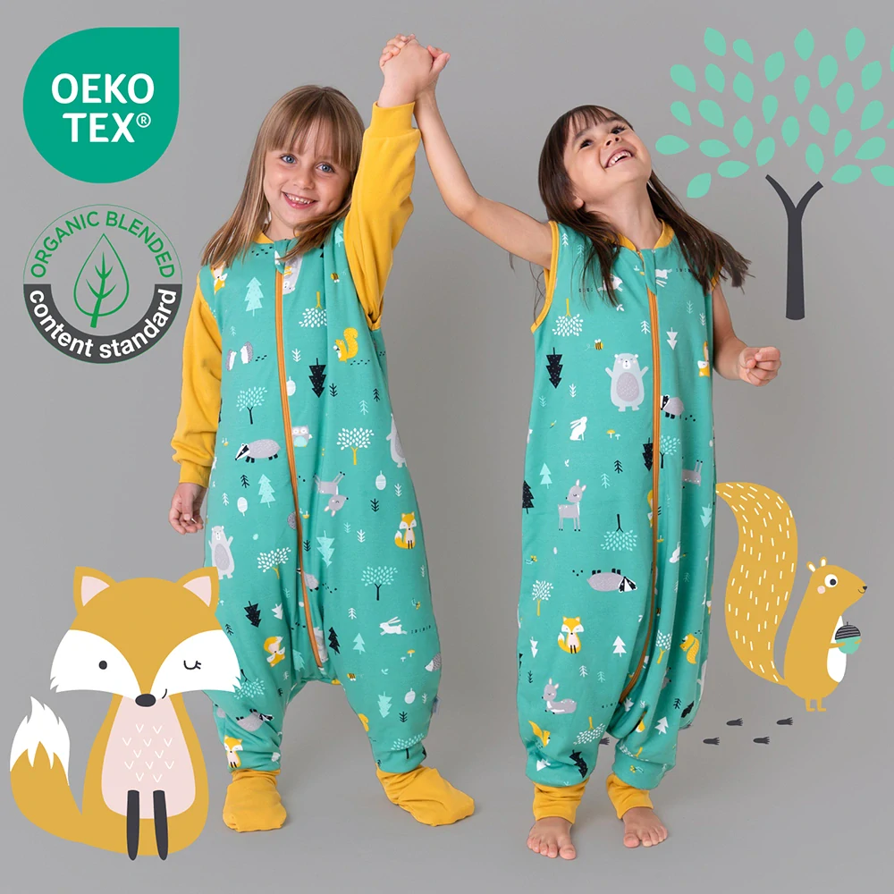 ORGANICKÁ BAVLNA - Zelený CELOROČNÝ PROTISKLZOVÝ spací vak s odopínateľnými rukávmi a s voľnými nohami „DUPAČKY“, 90cm