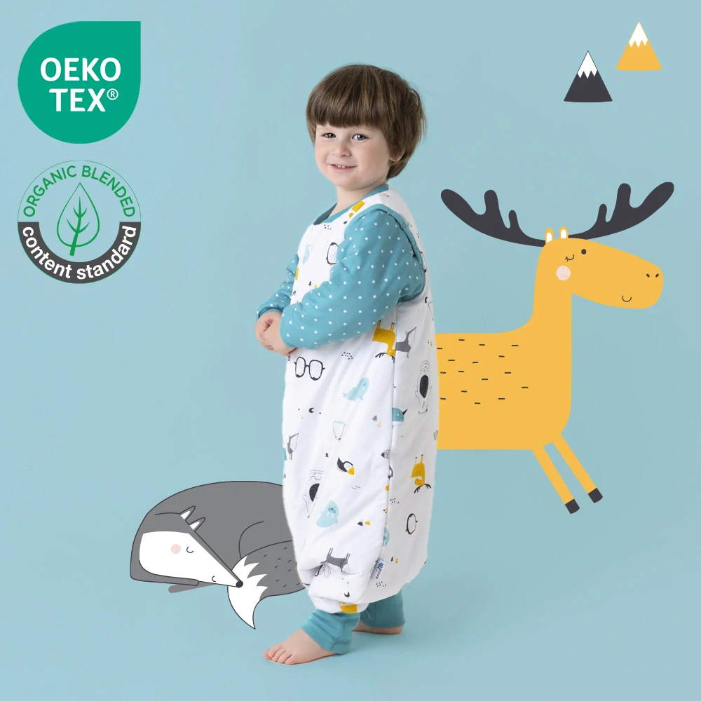 ORGANICKÁ BAVLNA - Modrý ZIMNÝ PROTISKLZOVÝ spací vak s odopínateľnými rukávmi a s voľnými nohami „DUPAČKY“, 110cm