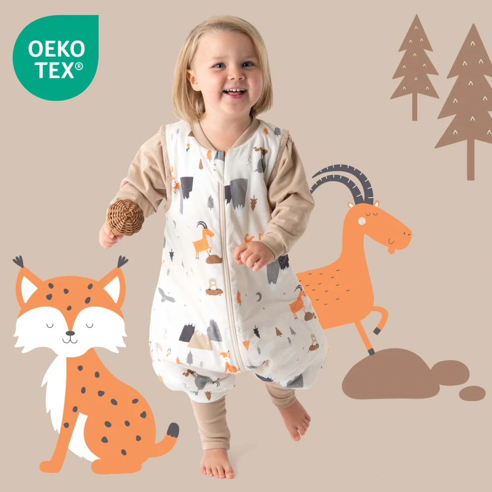 CELOROČNÝ PROTISKLZOVÝ spací vak s odopínateľnými rukávmi a s voľnými nohami „DUPAČKY“  Hory, 100% BAVLNA, 100cm