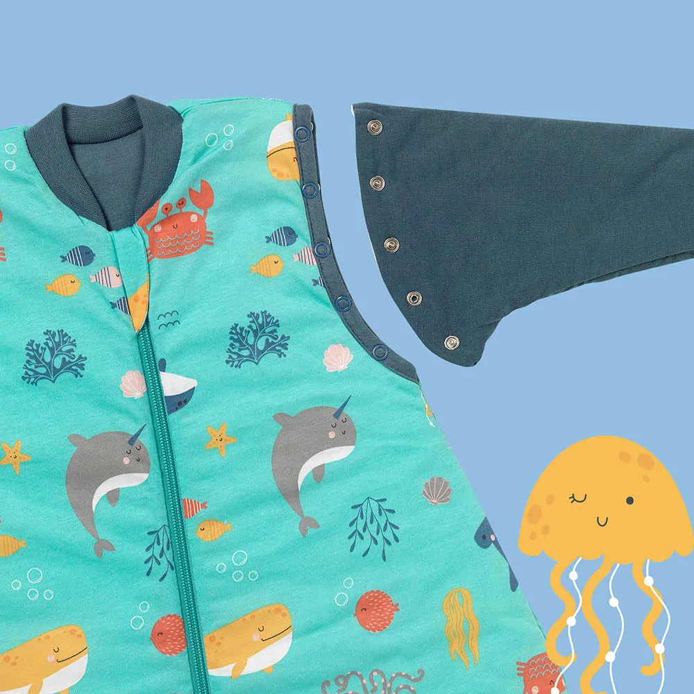 CELOROČNÝ PROTISKLZOVÝ spací vak s odopínateľnými rukávmi „DUPAČKY“  100% BAVLNA Morský svet 70cm