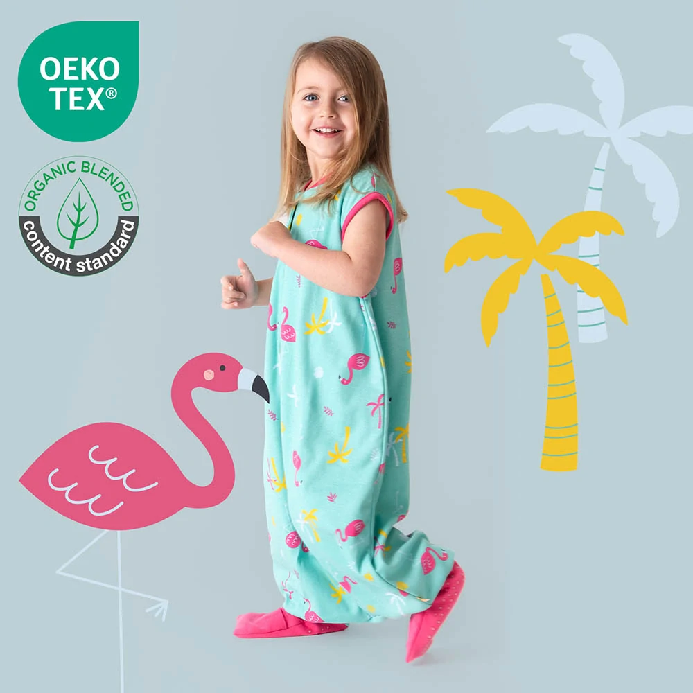 ORGANICKÁ BAVLNA - Plameniakov LETNÝ PROTISKLZOVÝ spací vak s voľnými nohami „DUPAČKY“ , 80cm