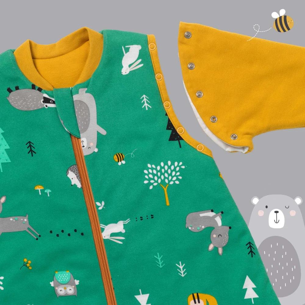 ORGANICKÁ BAVLNA - Zelený CELOROČNÝ PROTISKLZOVÝ spací vak s odopínateľnými rukávmi „DUPAČKY“, 80cm