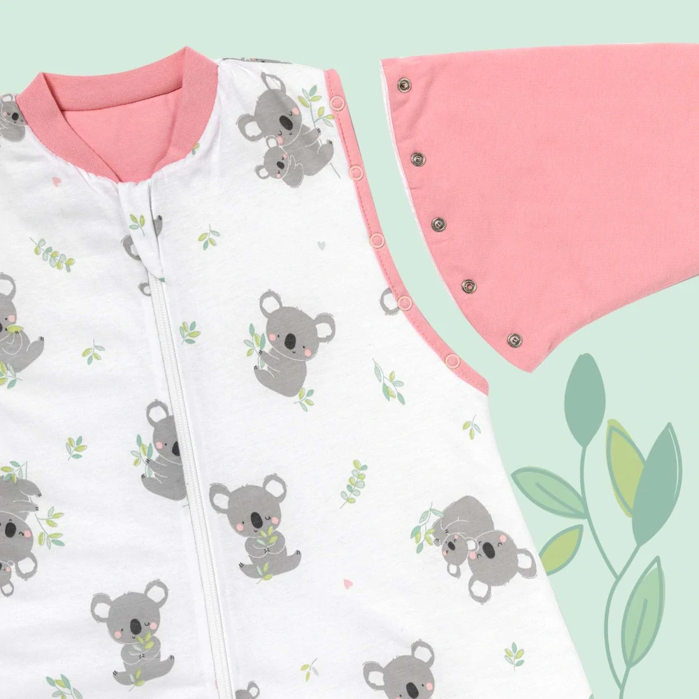 CELOROČNÝ PROTISKLZOVÝ spací vak s odopínateľnými rukávmi a s voľnými nohami „DUPAČKY“  Koala , 100% BAVLNA, 100cm