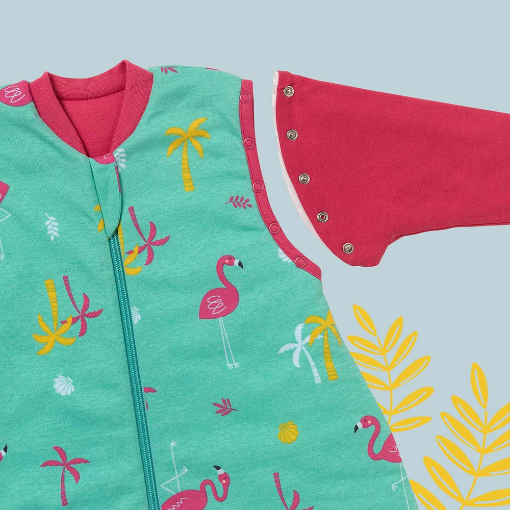 ORGANICKÁ BAVLNA - Plameniaky CELOROČNÝ PROTISKLZOVÝ spací vak s odopínateľnými rukávmi a s voľnými nohami „DUPAČKY“, 100cm