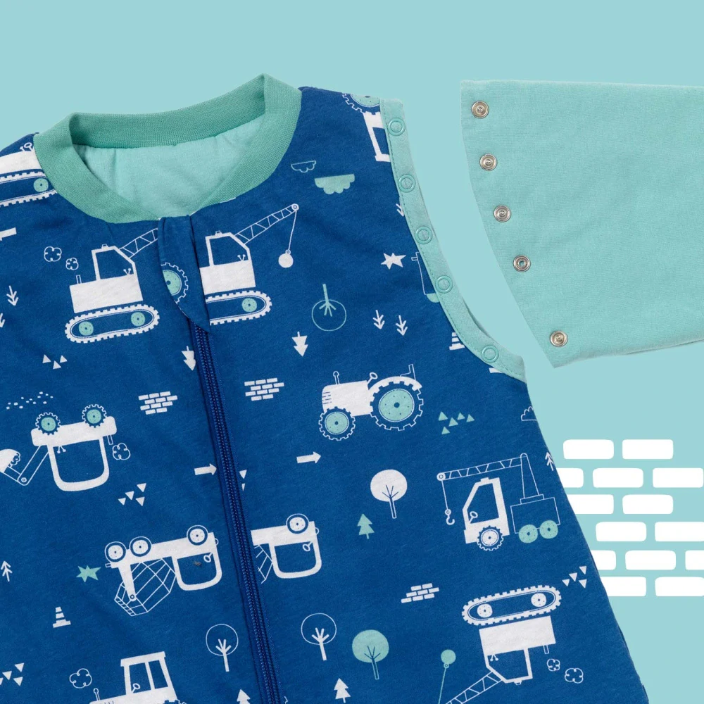 ZIMNÝ PROTISKLUZOVÝ spací vak s odopínateľnými rukávmi a s voľnými nohami „DUPAČKY“   Bagry, 100% BAVLNA, 70cm