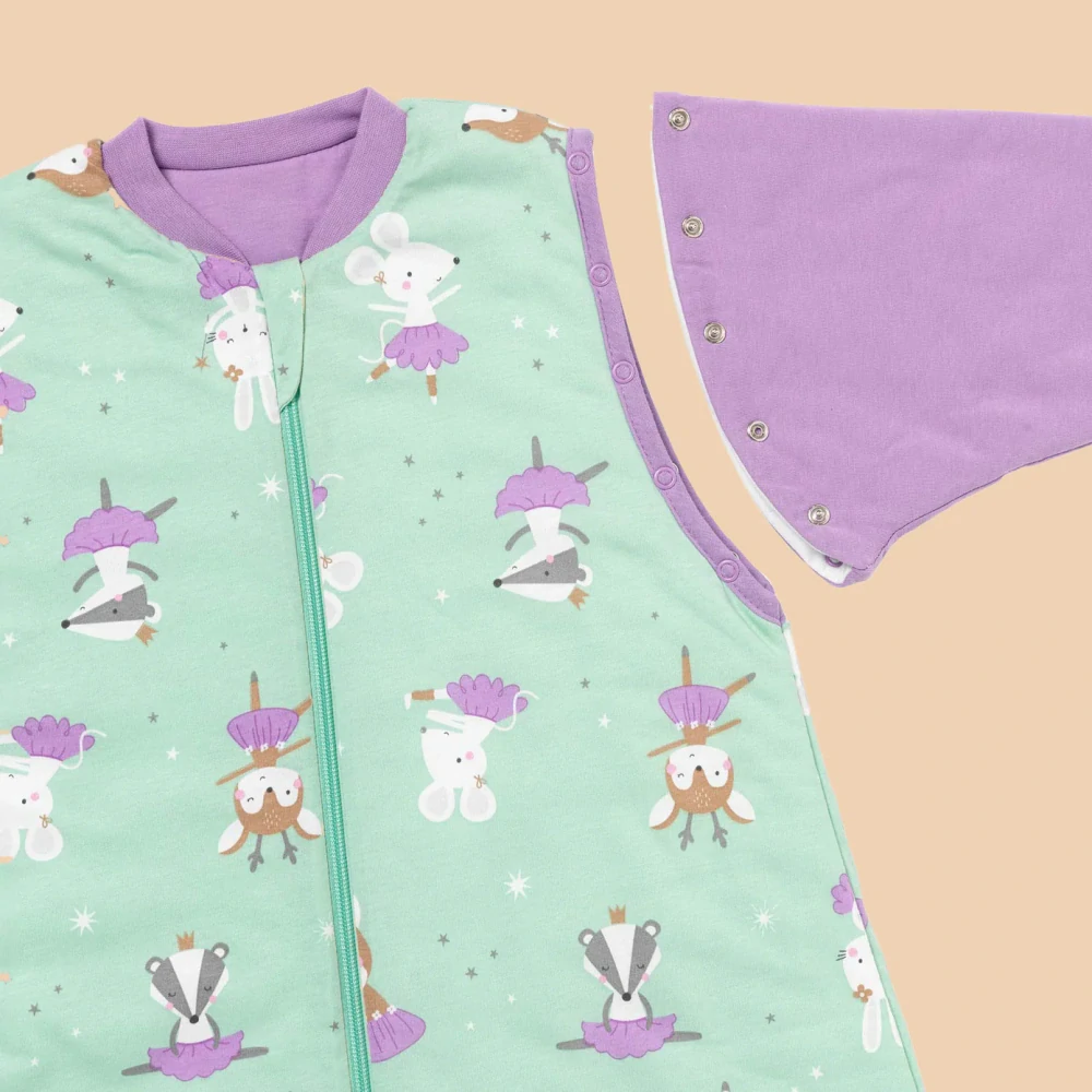 ZIMNÝ PROTISKLUZOVÝ spací vak s odopínateľnými rukávmi a s voľnými nohami „DUPAČKY“ Balerína, 100% BAVLNA, 70cm