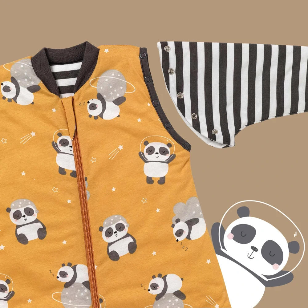 CELOROČNÝ PROTISKLZOVÝ spací vak s odopínateľnými rukávmi „DUPAČKY“  100% BAVLNA Panda 70cm