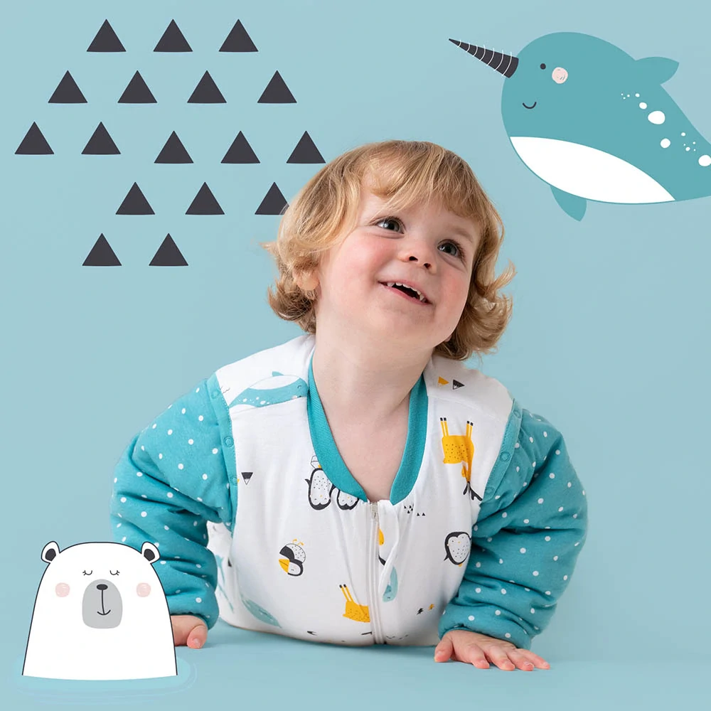 ORGANICKÁ BAVLNA - Modrý ZIMNÝ PROTISKLZOVÝ spací vak s odopínateľnými rukávmi a s voľnými nohami „DUPAČKY“, 110cm