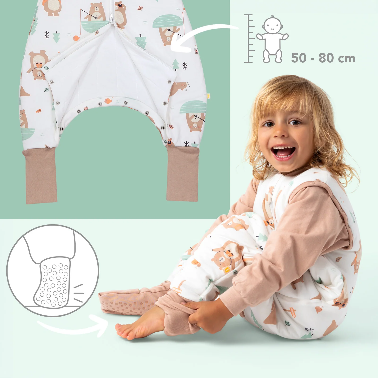 Medvedíky CELOROČNÝ PROTISKLZOVÝ spací vak s odopínateľnými rukávmi, 60cm | Slumbersac