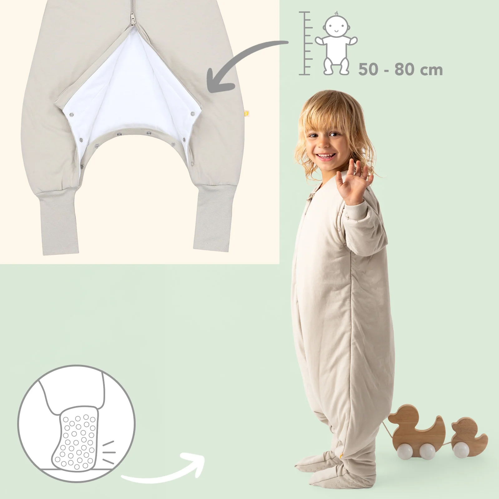 Sivohnedý CELOROČNÝ PROTISKLZOVÝ spací vak s odopínateľnými rukávmi, 80cm | Slumbersac