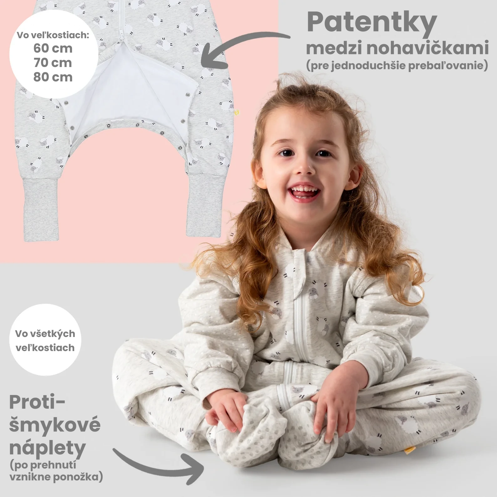Ovečky LETNÝ PROTISKLZOVÝ spací vak s nohavičkami a odopínateľnými rukávmi 70cm | Slumbersac
