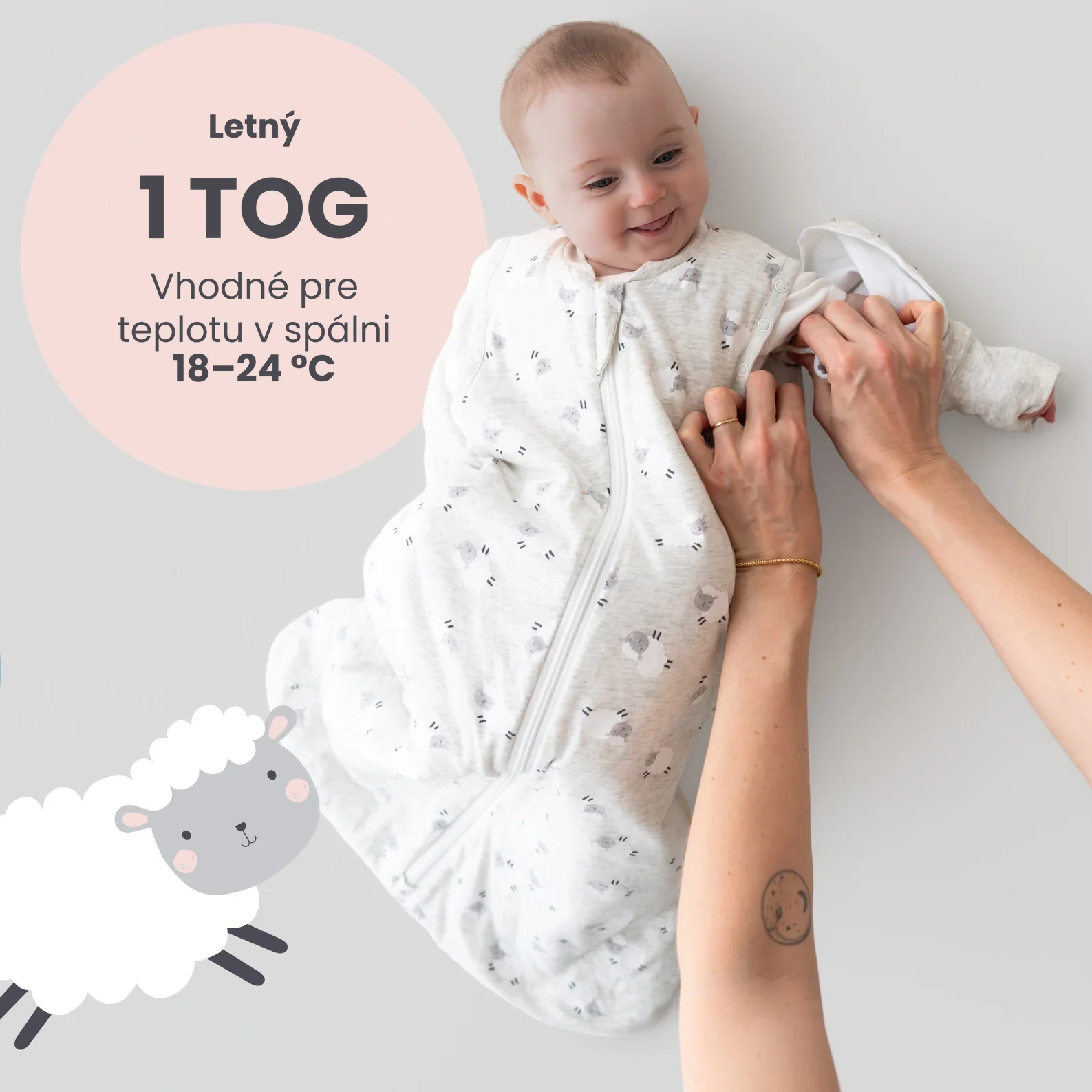 Ovečky LETNÝ spací vak s odopínateľnými rukávmi 0-6 mesiacov, 70cm | Slumbersac